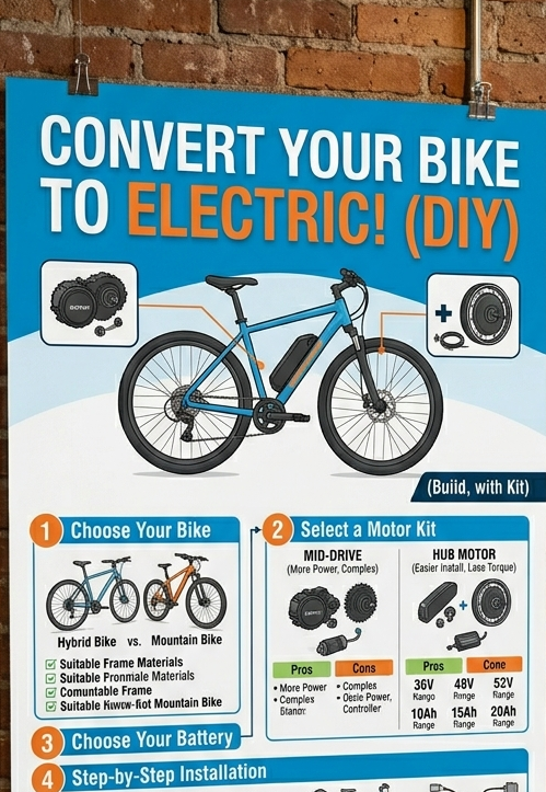DIY electric bike conversion kit installed on a bicycle frame